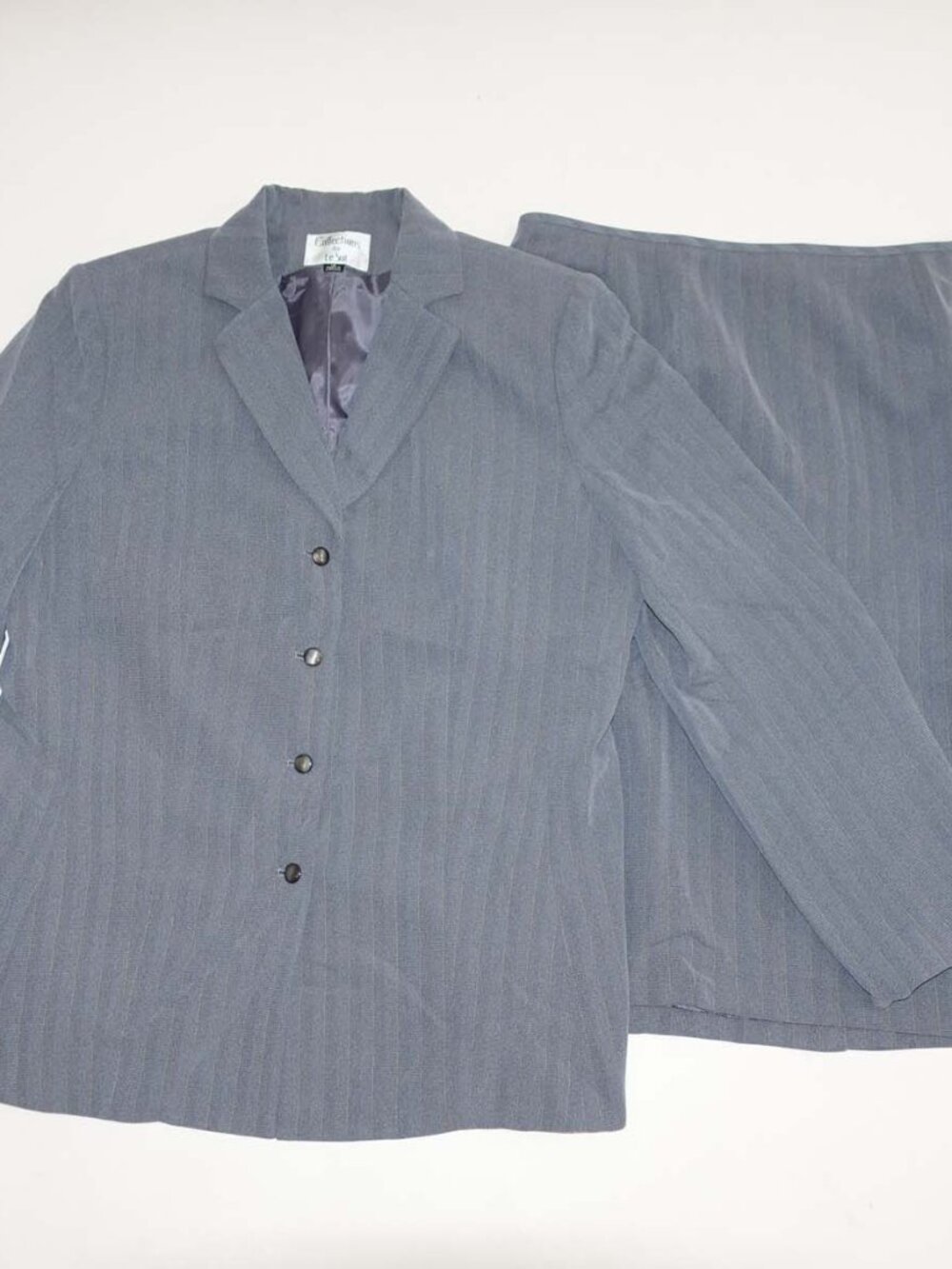 Le Suit Women's 4 Button Blazer Skirt Suit Size 16 Blueish Gray Yellow Stripes